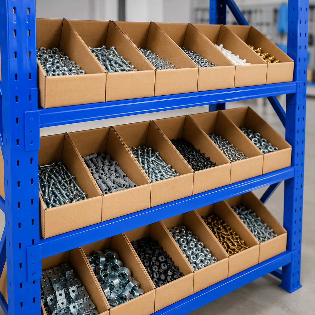 Industrielle Metallregalsysteme vom Hersteller, modulare Schrägregale für die Lagerung von Hardware und Kleinteilen