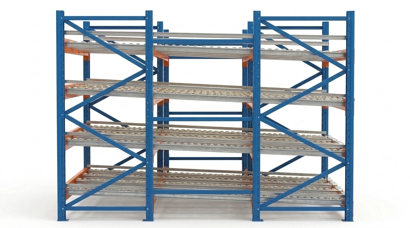 Schwerlast-Durchlaufregal, Schwerkraft-Durchlaufregal aus Q235-Stahl, montiert, blau/orange, OEM-Hauptregal, 1000-2000 kg/Palette