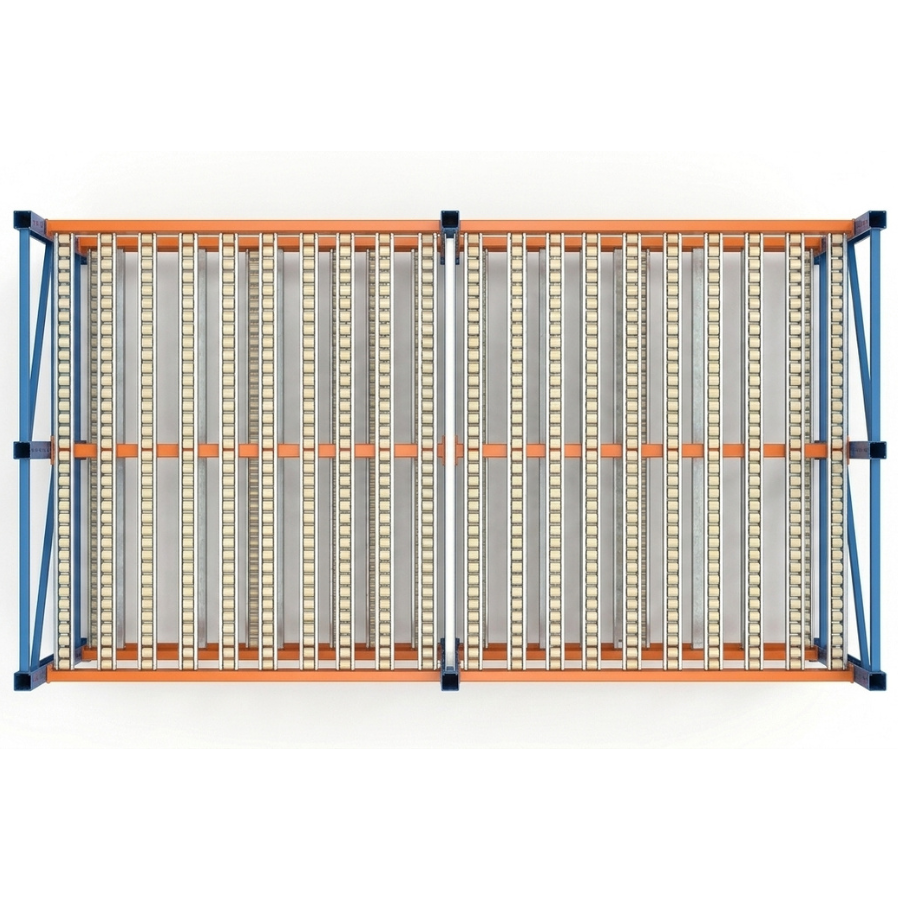 Schwerlast-Durchlaufregal, Schwerkraft-Durchlaufregal aus Q235-Stahl, montiert, blau/orange, OEM-Hauptregal, 1000-2000 kg/Palette