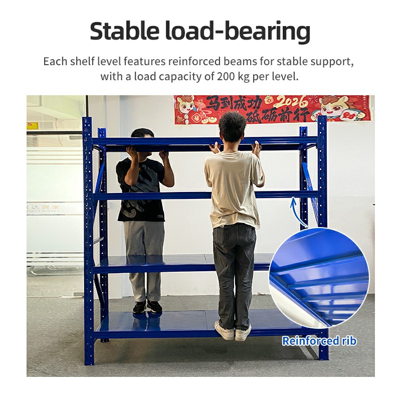 Tragfähige, schraubenlose, verstellbare, leichte Industrie-Metall-Stapelregale aus Stahl für Lagerhallen mit einer Tragfähigkeit von 200 kg pro Ebene