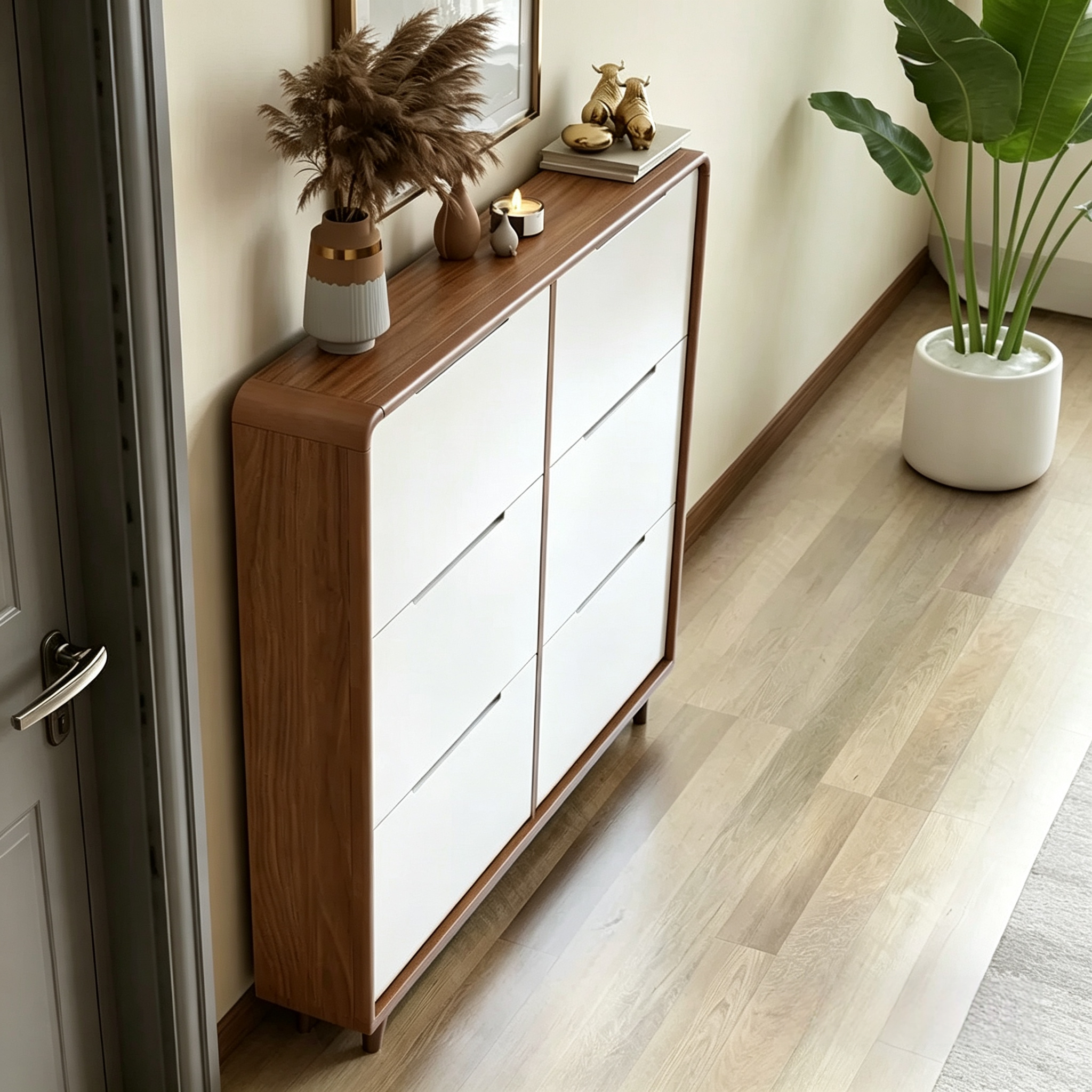 Modernes, umweltfreundliches und langlebiges Schuhregal aus MDF mit verstellbaren Ablagen, platzsparend und mit großem Stauraum für kleine Wohnzimmer.