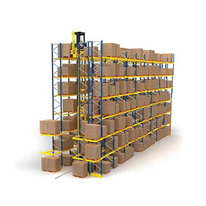 Direkt vom Hersteller: Metallfreies Layout-Design für hochdichte Einfahrpalettenregale aus Stahl für Lagerhallen mit schmalen Fahrspuren und hohem Eisengehalt.