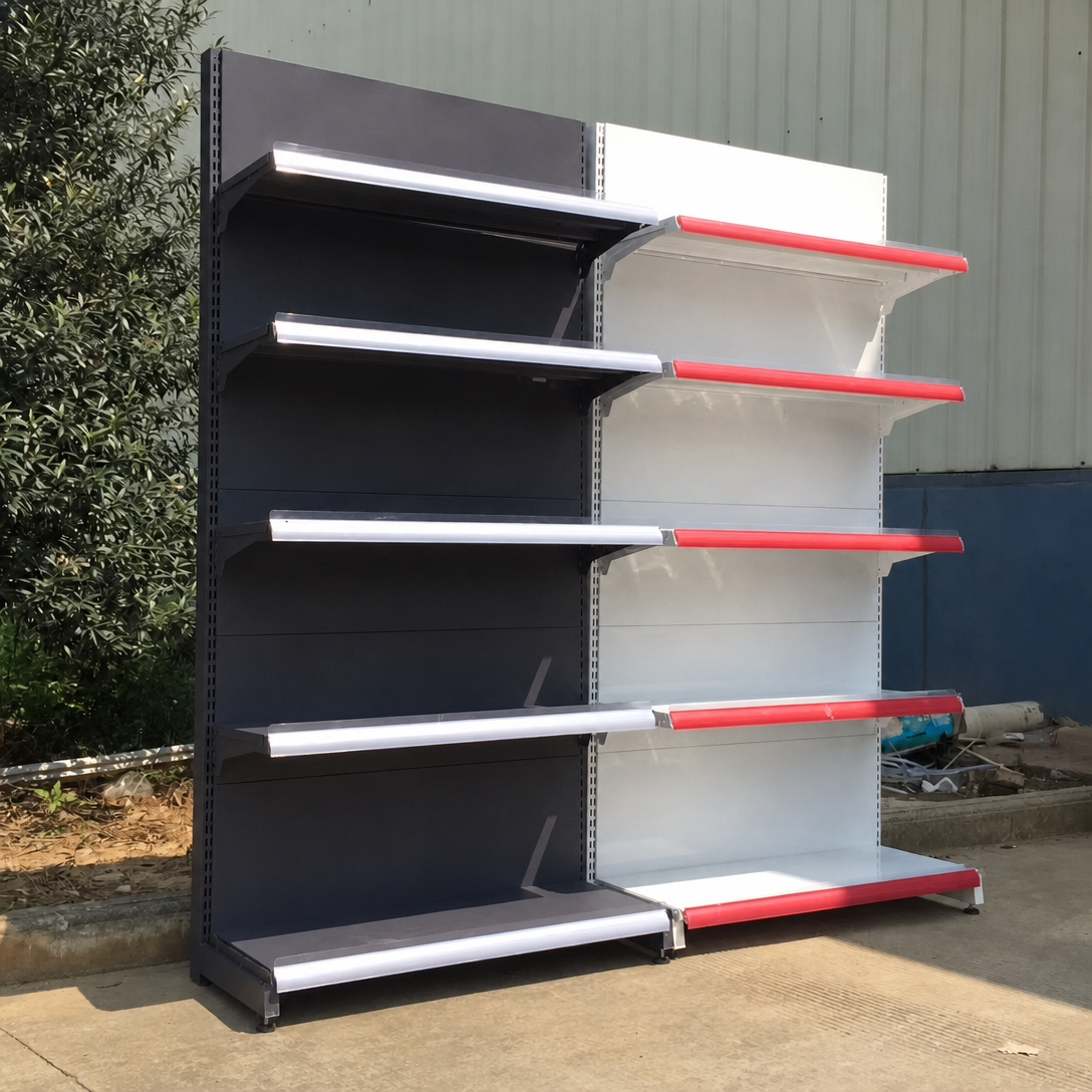 Metal Grocery Store Gondola Shelving System Adjustable Single Side Wall Rack Double Side Island Display Shelves