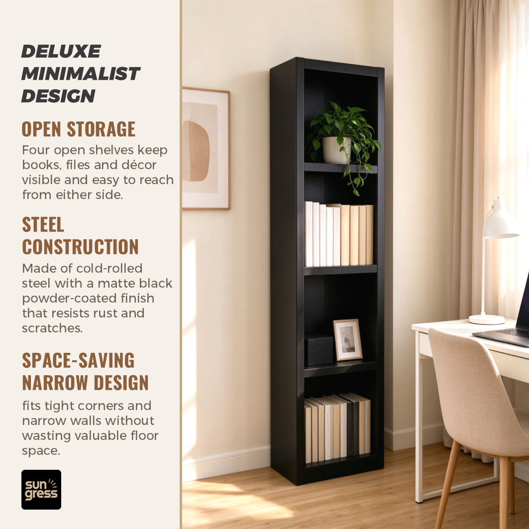 Metall-Bücherregal mit 4 offenen Regalböden, schmales Ausstellungsregal aus Stahl für Homeoffice, Schwarz