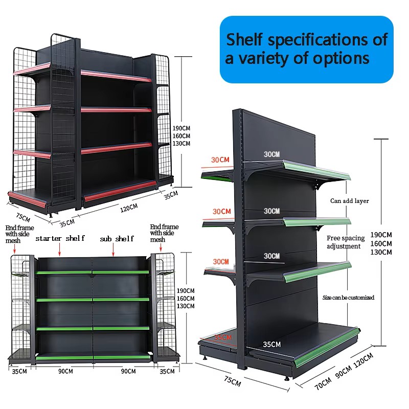 Metal Grocery Store Gondola Shelving System Adjustable Single Side Wall Rack Double Side Island Display Shelves