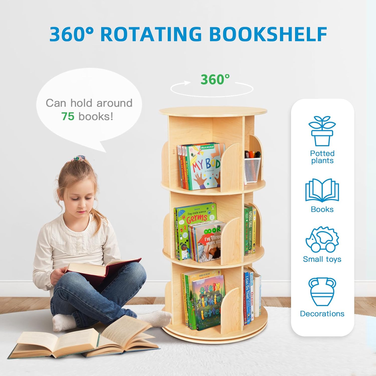 Kleines Eckregal für kleine Räume, 360°-Sichtfenster, 3-stöckiges, freistehendes Bücherregal aus Holz, schmales Bücherregal