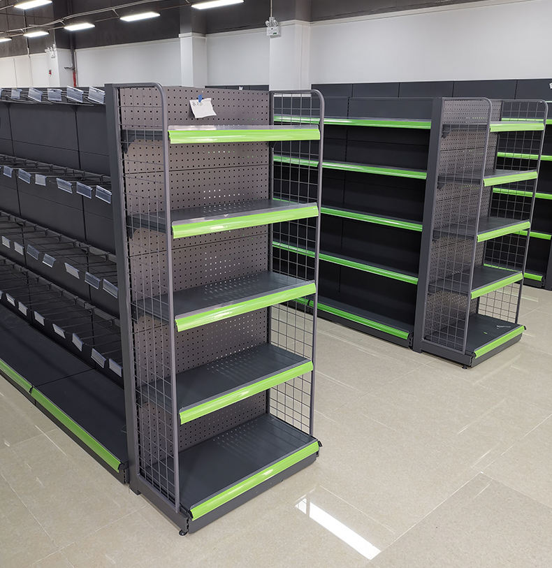 Metal Grocery Store Gondola Shelving System Adjustable Single Side Wall Rack Double Side Island Display Shelves
