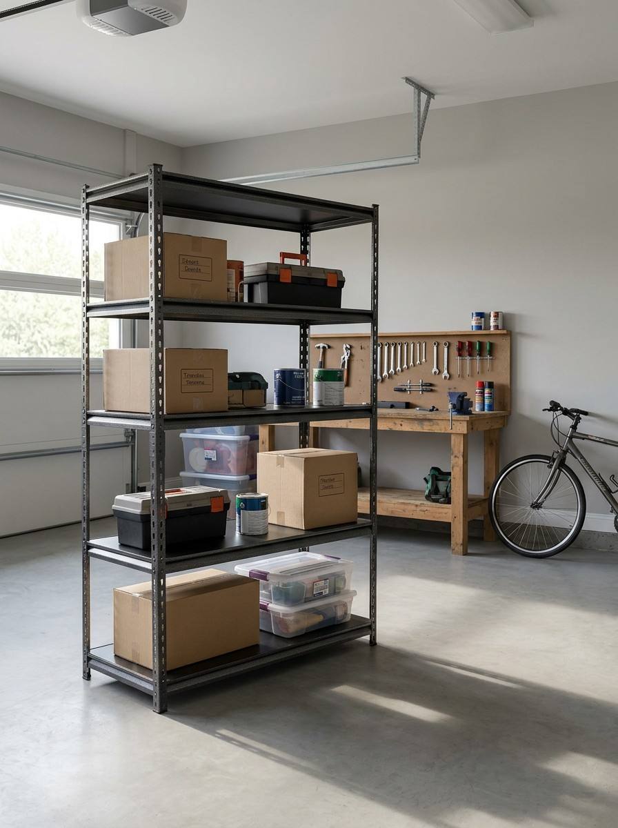 Silberfarbenes Stahlregal mit 5 Ablagen, Tragkraft 200 kg, MDF-Regalsystem für Supermarktwaren