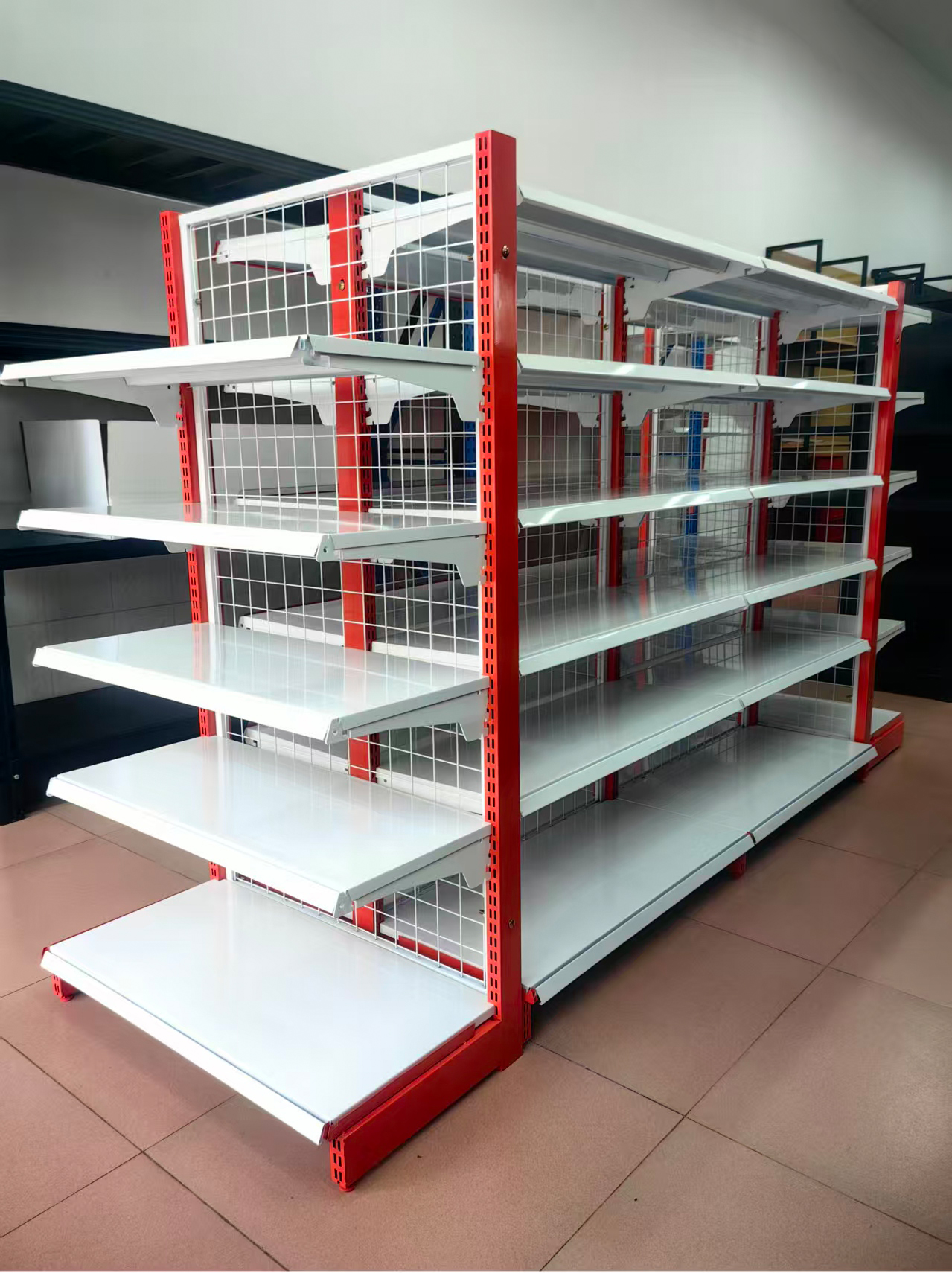 Metal Grocery Store Gondola Shelving System Adjustable Single Side Wall Rack Double Side Island Display Shelves