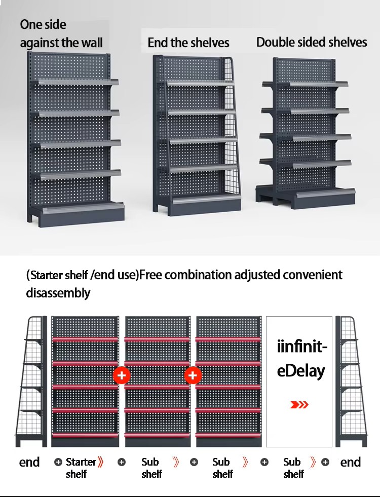 Metal Grocery Store Gondola Shelving System Adjustable Single Side Wall Rack Double Side Island Display Shelves