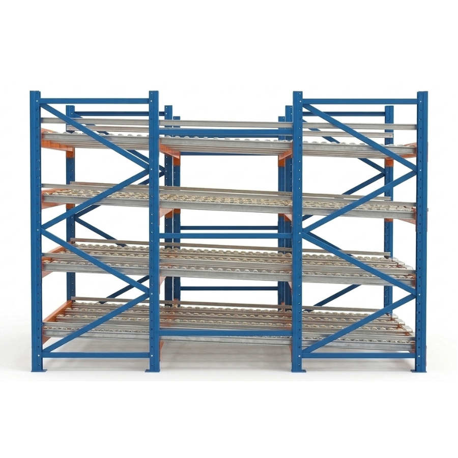 Schwerlast-Durchlaufregal, Schwerkraft-Durchlaufregal aus Q235-Stahl, montiert, blau/orange, OEM-Hauptregal, 1000-2000 kg/Palette