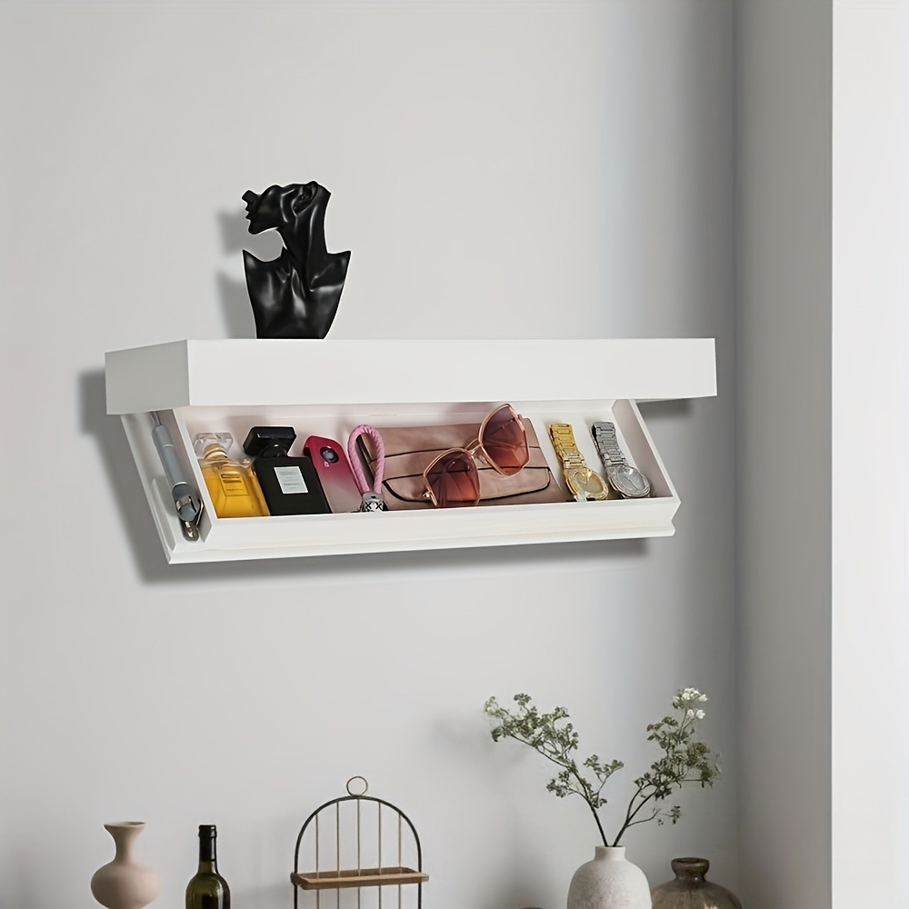 Modernes, schwebendes, wandmontiertes, robustes Aufbewahrungsregal aus Holz mit großem Fassungsvermögen und versteckter Schublade für Küche und Wohnzimmer