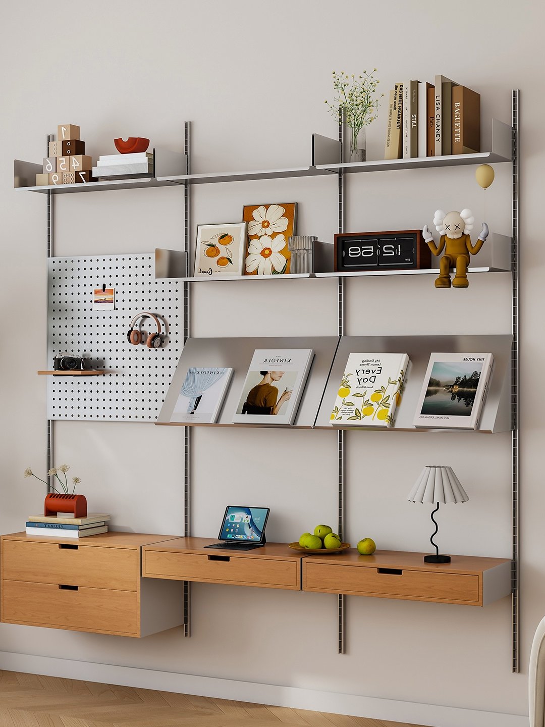 Wandmontiertes Lochwand-Präsentationsregal, verstellbares mehrstufiges Edelstahl-Aufbewahrungsregal, Wandschrank für das Wohnzimmer