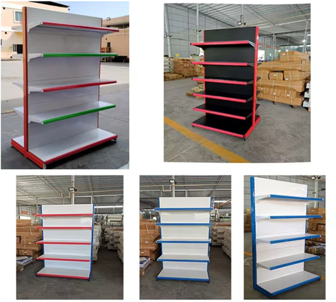 Metal Grocery Store Gondola Shelving System Adjustable Single Side Wall Rack Double Side Island Display Shelves