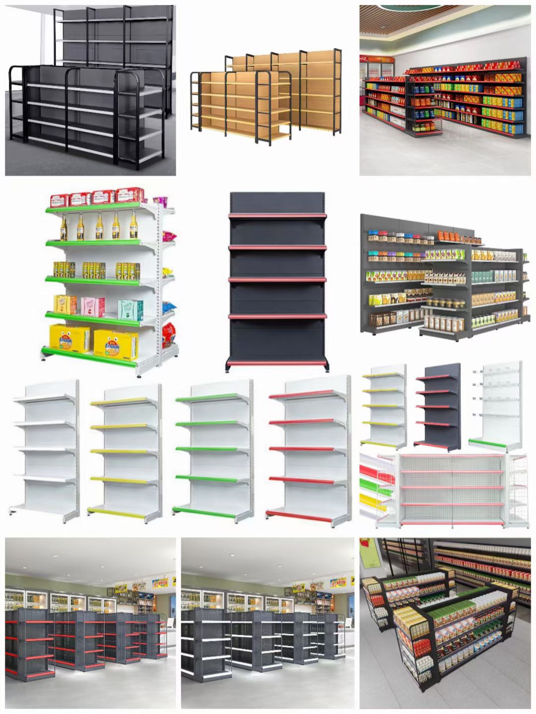 Metal Grocery Store Gondola Shelving System Adjustable Single Side Wall Rack Double Side Island Display Shelves