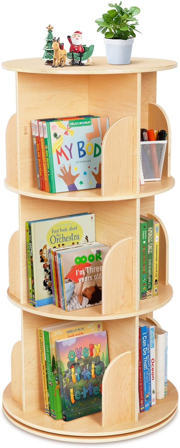 Kleines Eckregal für kleine Räume, 360°-Sichtfenster, 3-stöckiges, freistehendes Bücherregal aus Holz, schmales Bücherregal