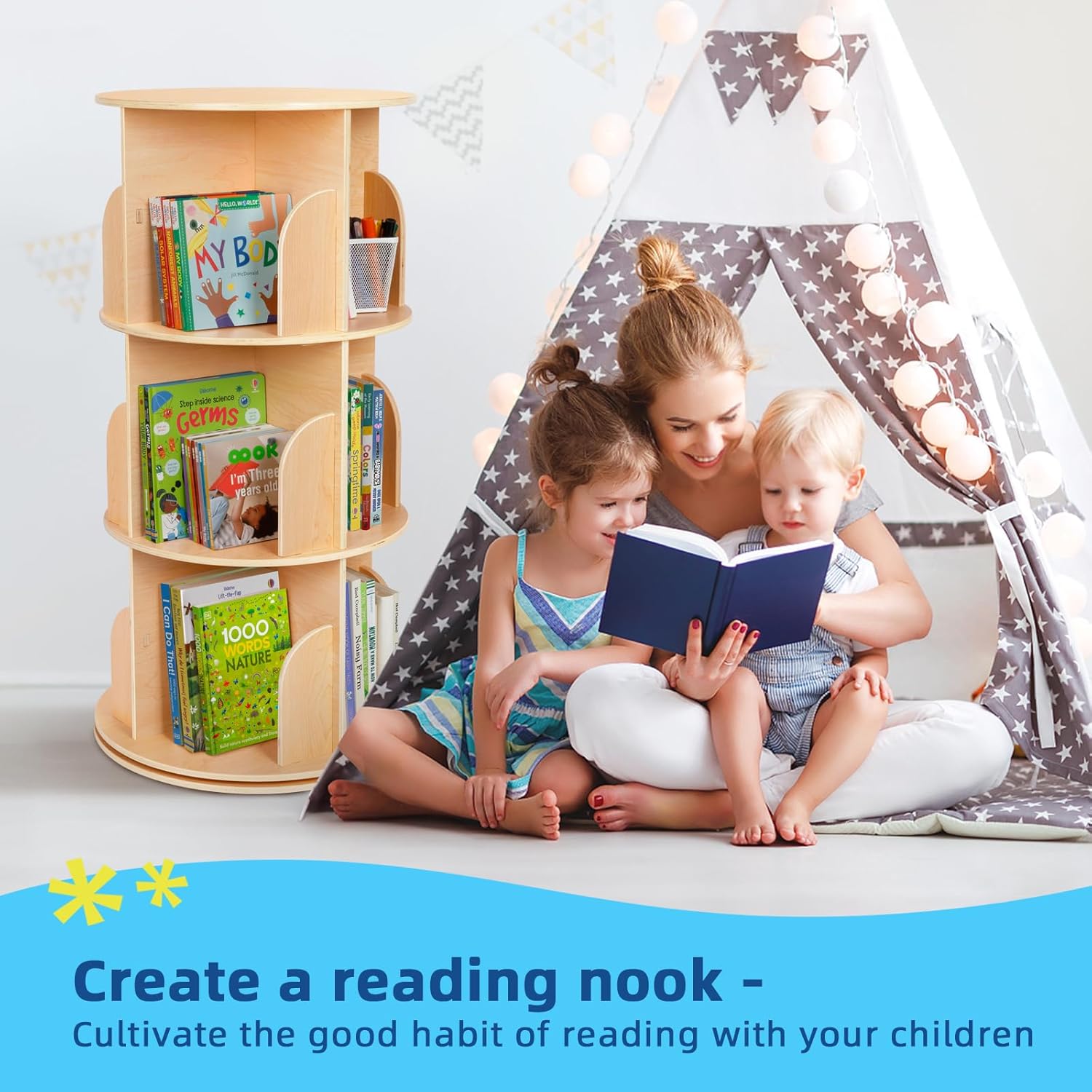 Kleines Eckregal für kleine Räume, 360°-Sichtfenster, 3-stöckiges, freistehendes Bücherregal aus Holz, schmales Bücherregal