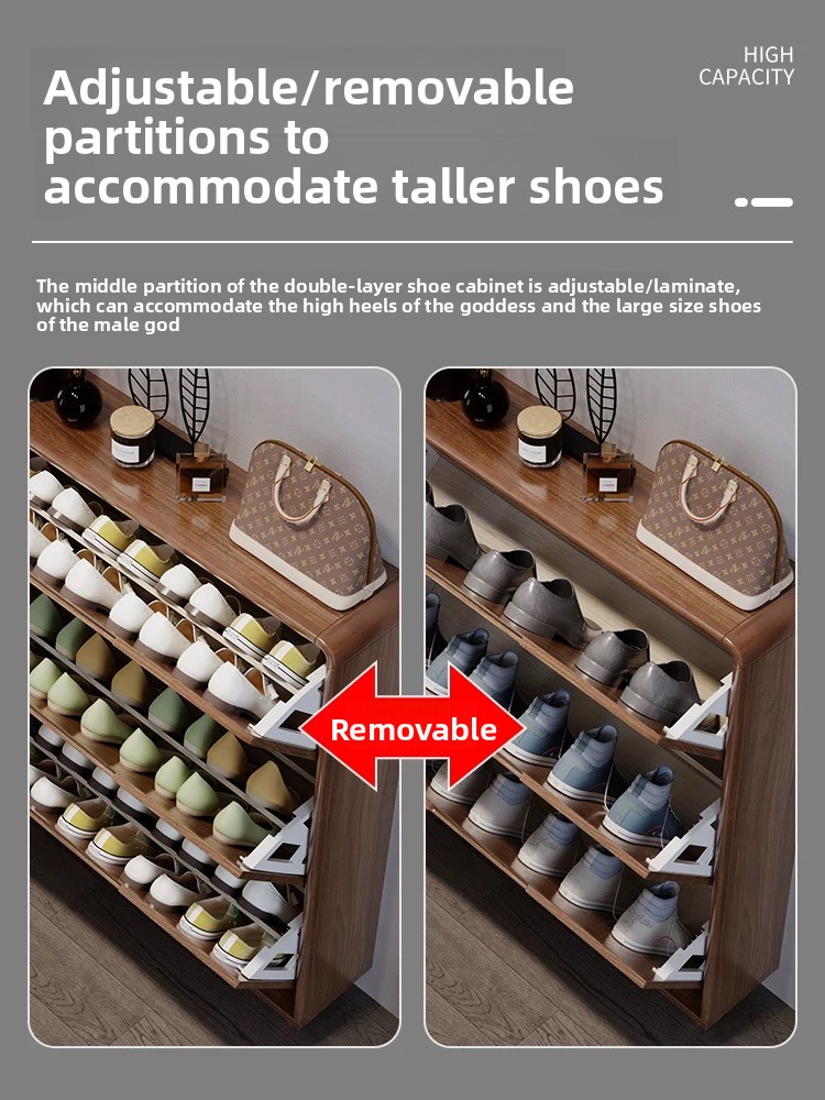 Modernes, umweltfreundliches und langlebiges Schuhregal aus MDF mit verstellbaren Ablagen, platzsparend und mit großem Stauraum für kleine Wohnzimmer.